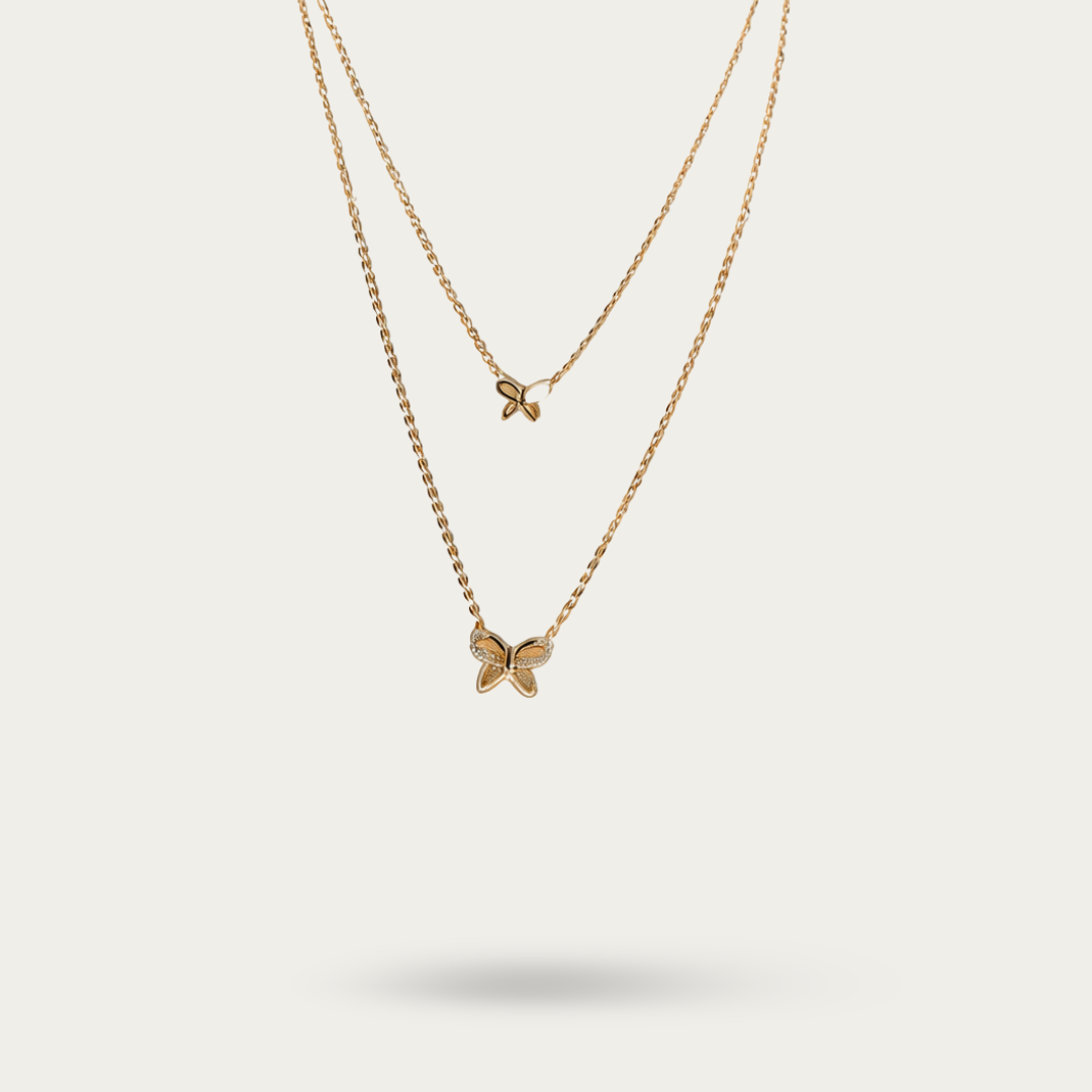 Butterfly shaped rose gold with white cz layered necklace