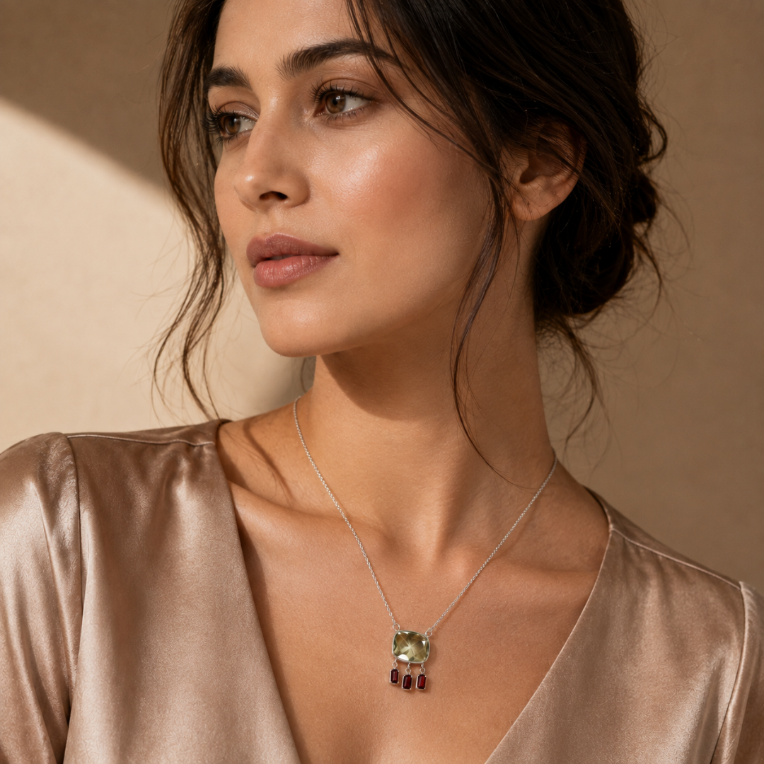 Blisse allure 925 Sterling Silver Green Amethyst & Garnet Fringe Pendant Necklace