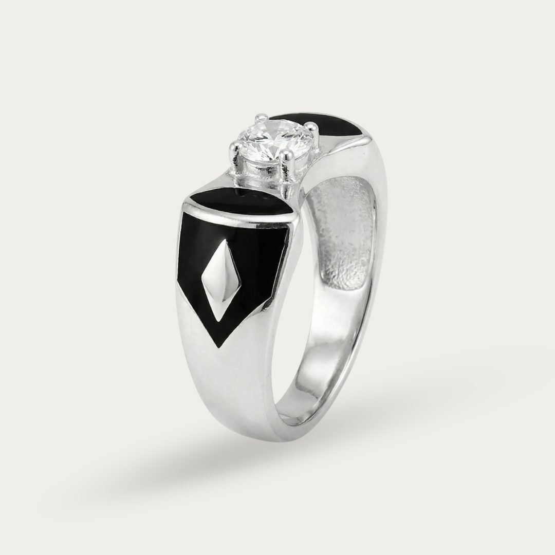 Ring with Black Enamel and Center Diamond Accent For Men