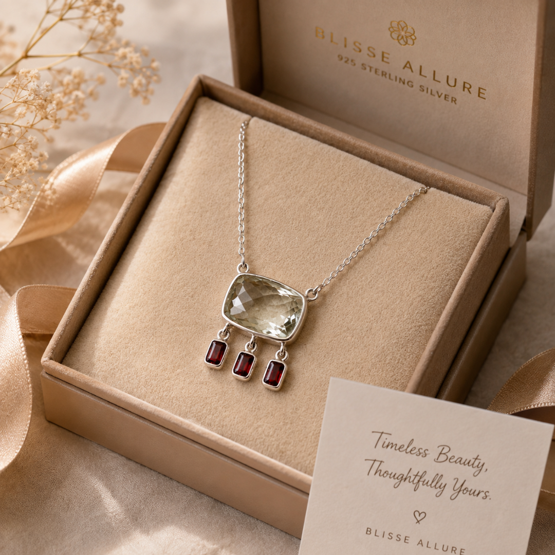 Blisse allure 925 Sterling Silver Green Amethyst & Garnet Fringe Pendant Necklace