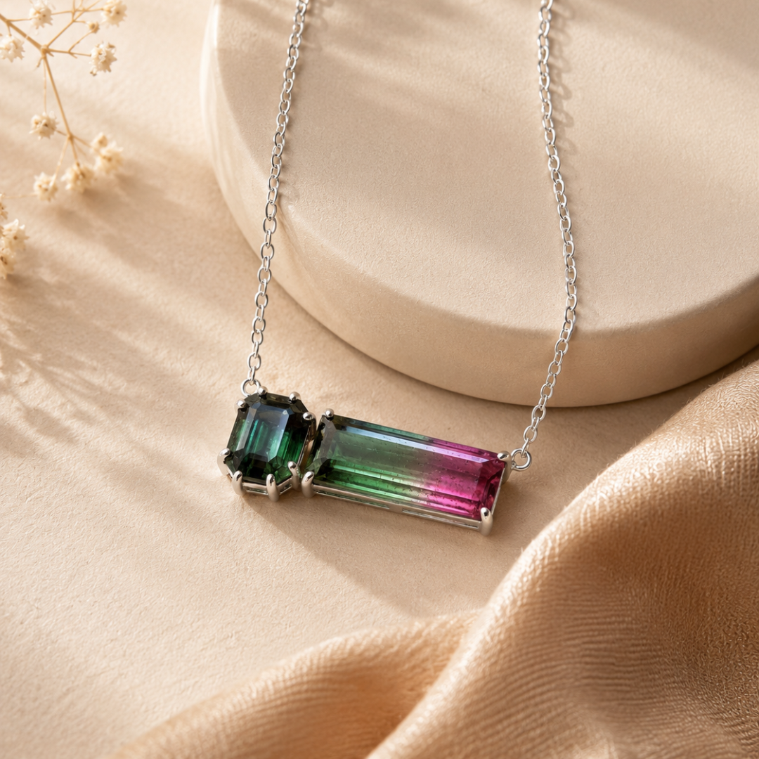 Blisse allure 925 Sterling Silver Watermelon Tourmaline Bar Pendant Necklace