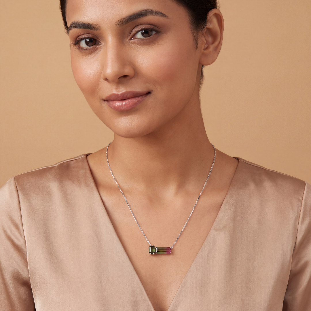 Blisse allure 925 Sterling Silver Watermelon Tourmaline Bar Pendant Necklace