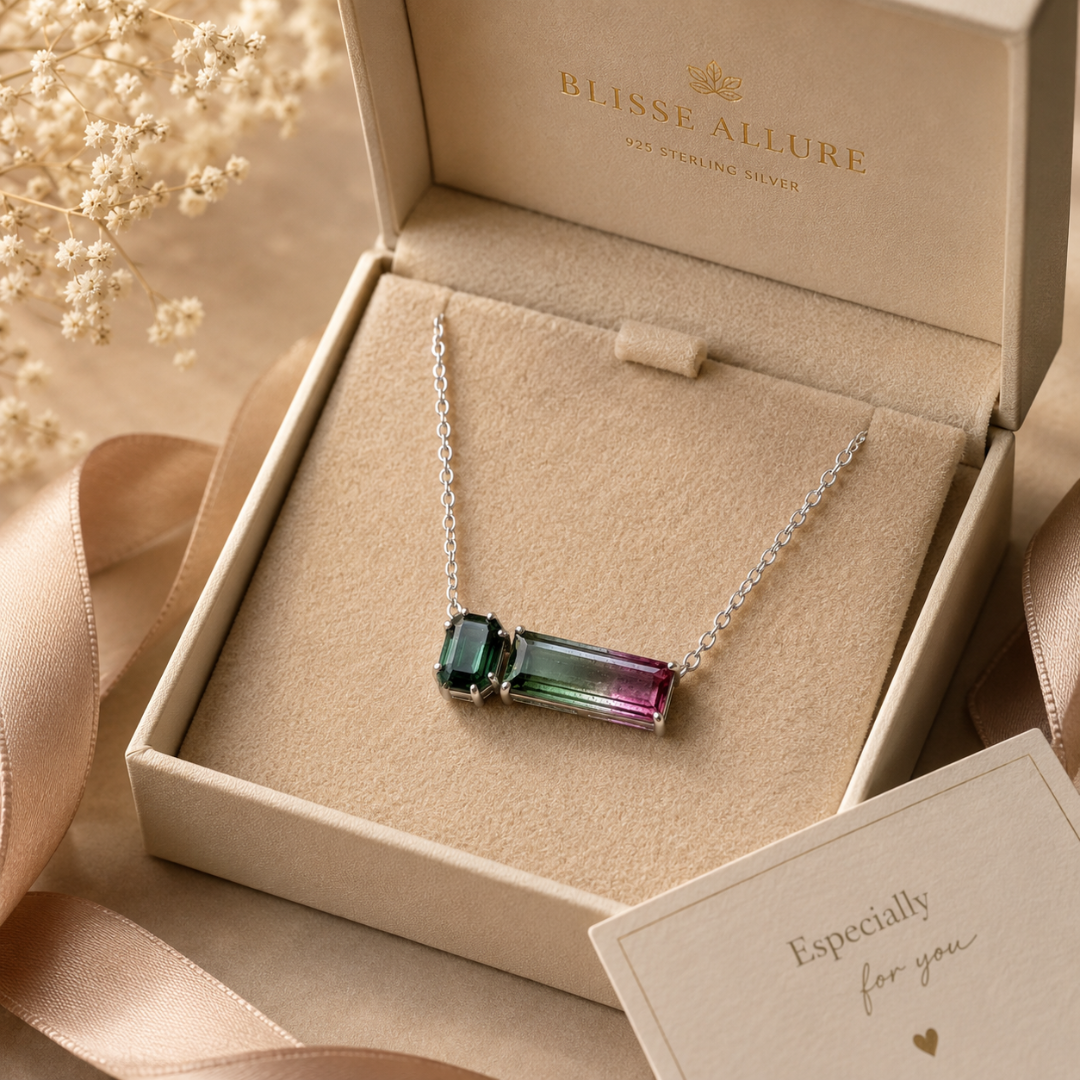 Blisse allure 925 Sterling Silver Watermelon Tourmaline Bar Pendant Necklace