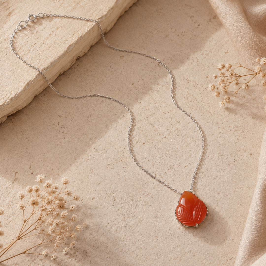 Blisse allure 925 Sterling Silver Carved Red Gemstone Teardrop Pendant Necklace