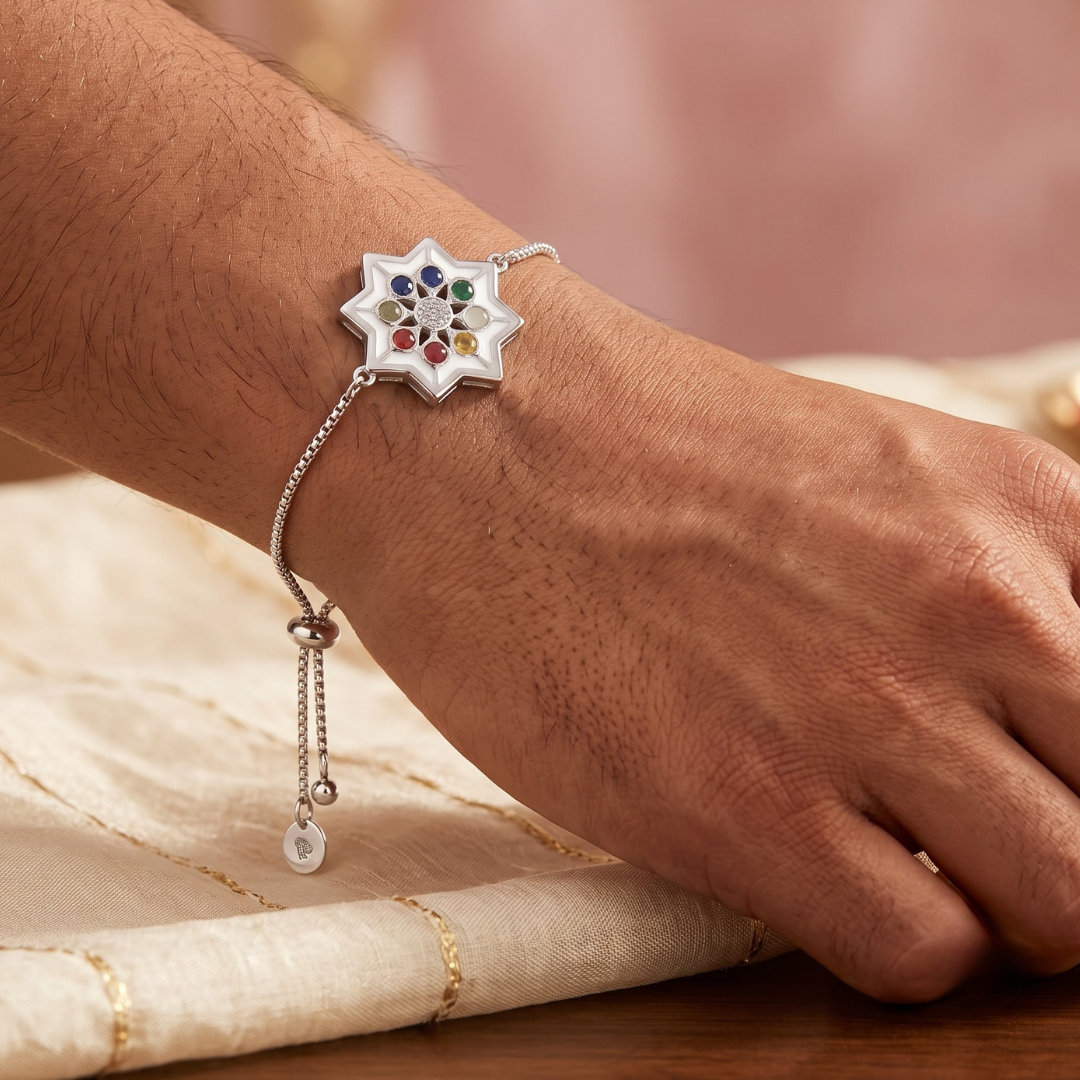 Blisse Allure 925 sterling silver Navratna Star Rakhi for brother