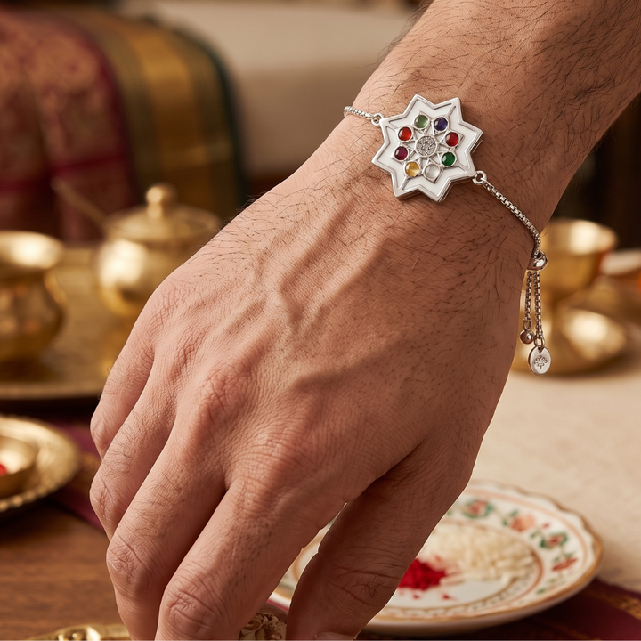 Blisse Allure 925 sterling silver Navratna Star Rakhi for brother