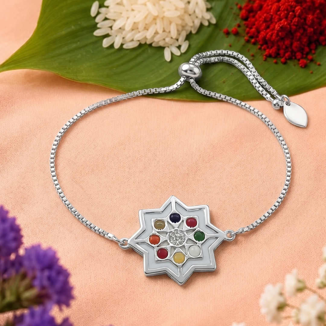 Blisse Allure 925 sterling silver Navratna Star Rakhi for brother