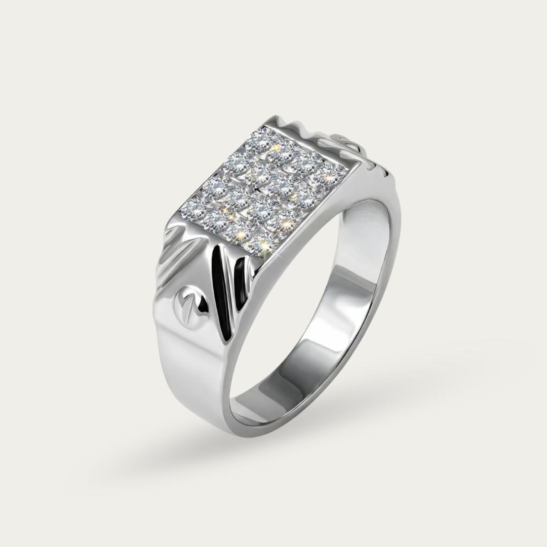 Ring with Rectangular Diamond Cluster & Side Engraving For Men