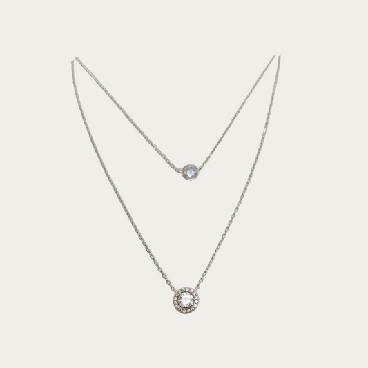 Modern and trendy double layered silver chain with white cz drop pendant