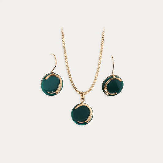 Green Onyx & CZ 925 Sterling Silver Earring and Pendant Set