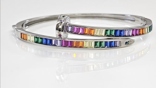 Blisse Allure Sterling Silver Rainbow Overlap Baguette cubic zirconia Bangle
