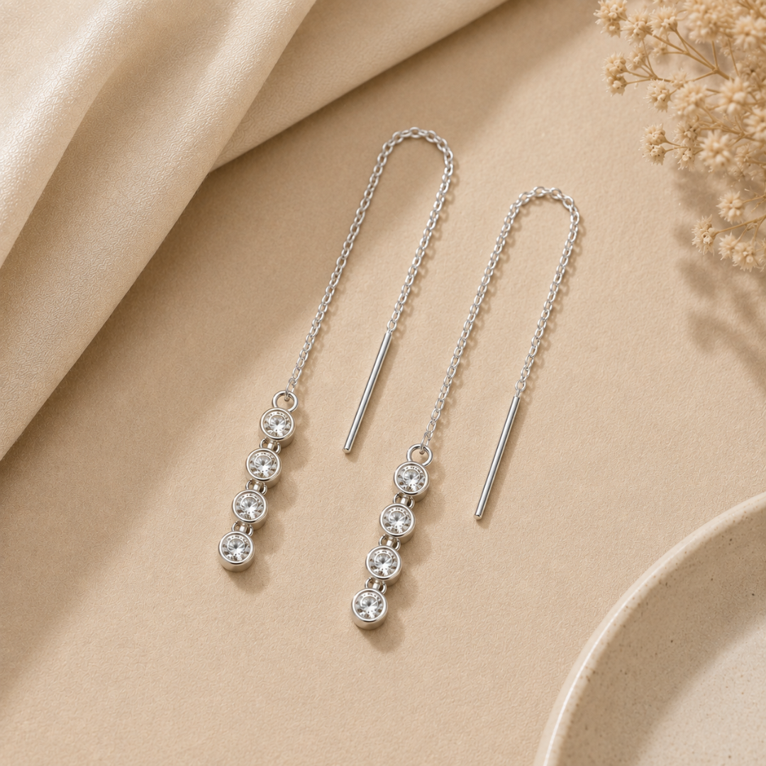 Blisseallure 925 Sterling Silver 4-Stone CZ Threader Drop Earrings for Women