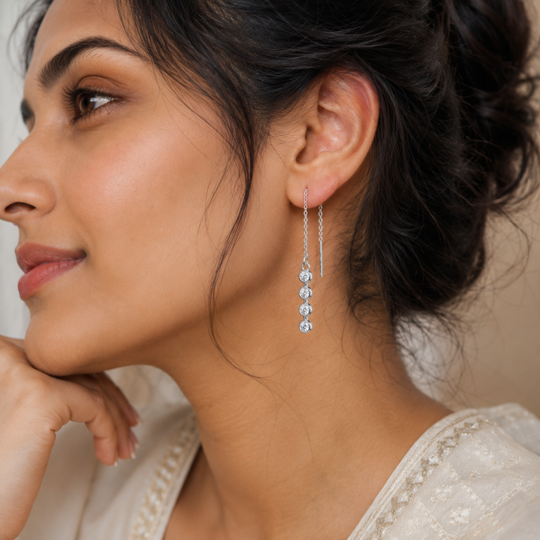 Blisseallure 925 Sterling Silver 4-Stone CZ Threader Drop Earrings for Women