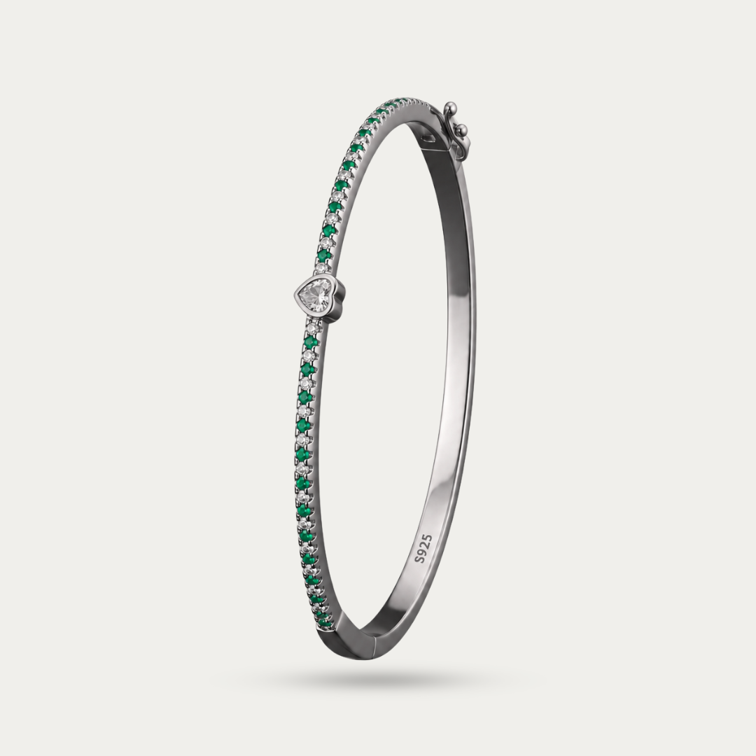 Blisse Allure 925 Sterling Silver Heart Bangle | Green Crystal Pave Design