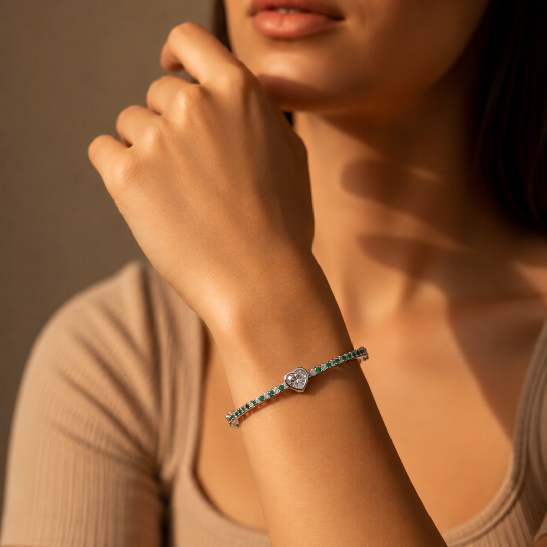 Blisse Allure 925 Sterling Silver Heart Bangle | Green Crystal Pave Design