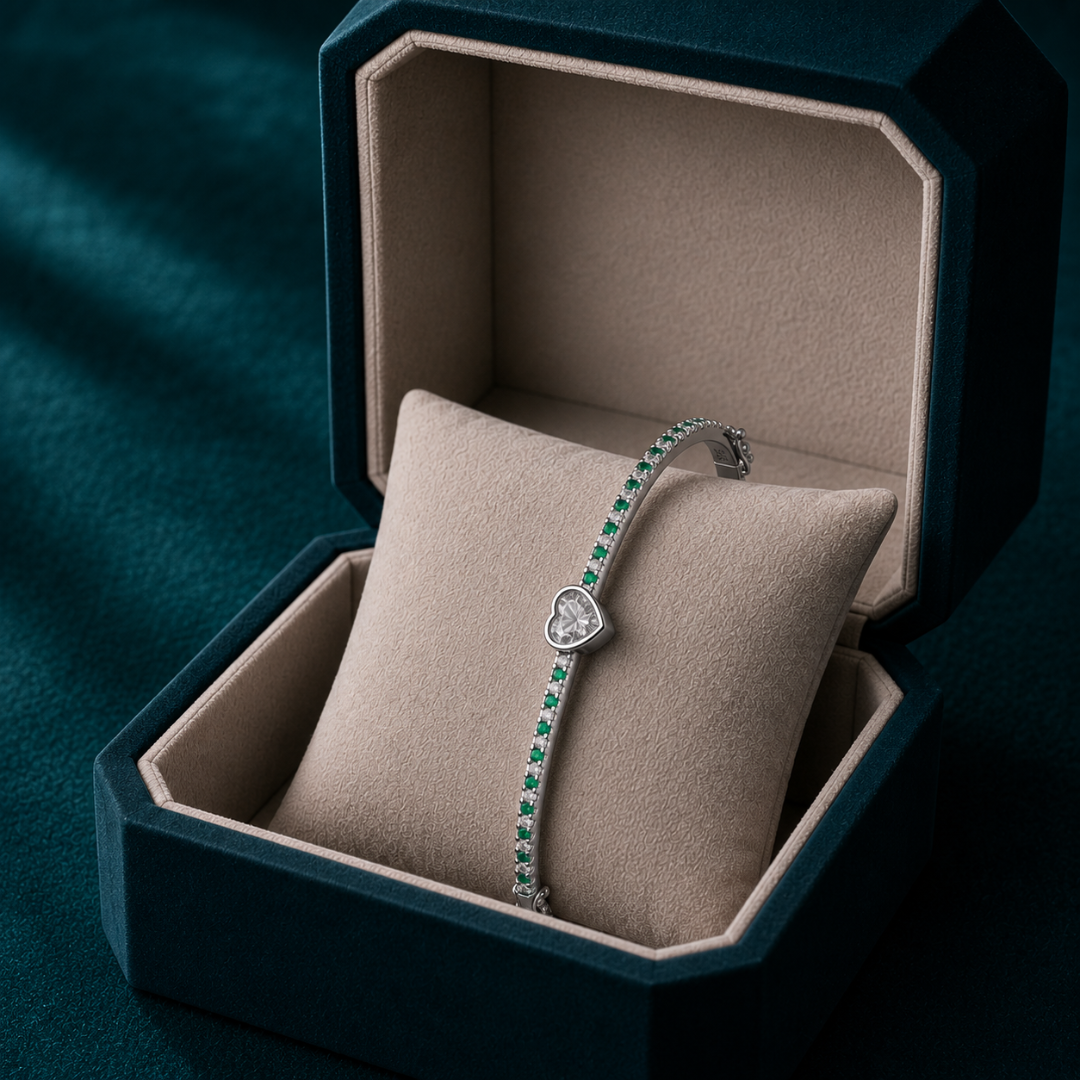 Blisse Allure 925 Sterling Silver Heart Bangle | Green Crystal Pave Design