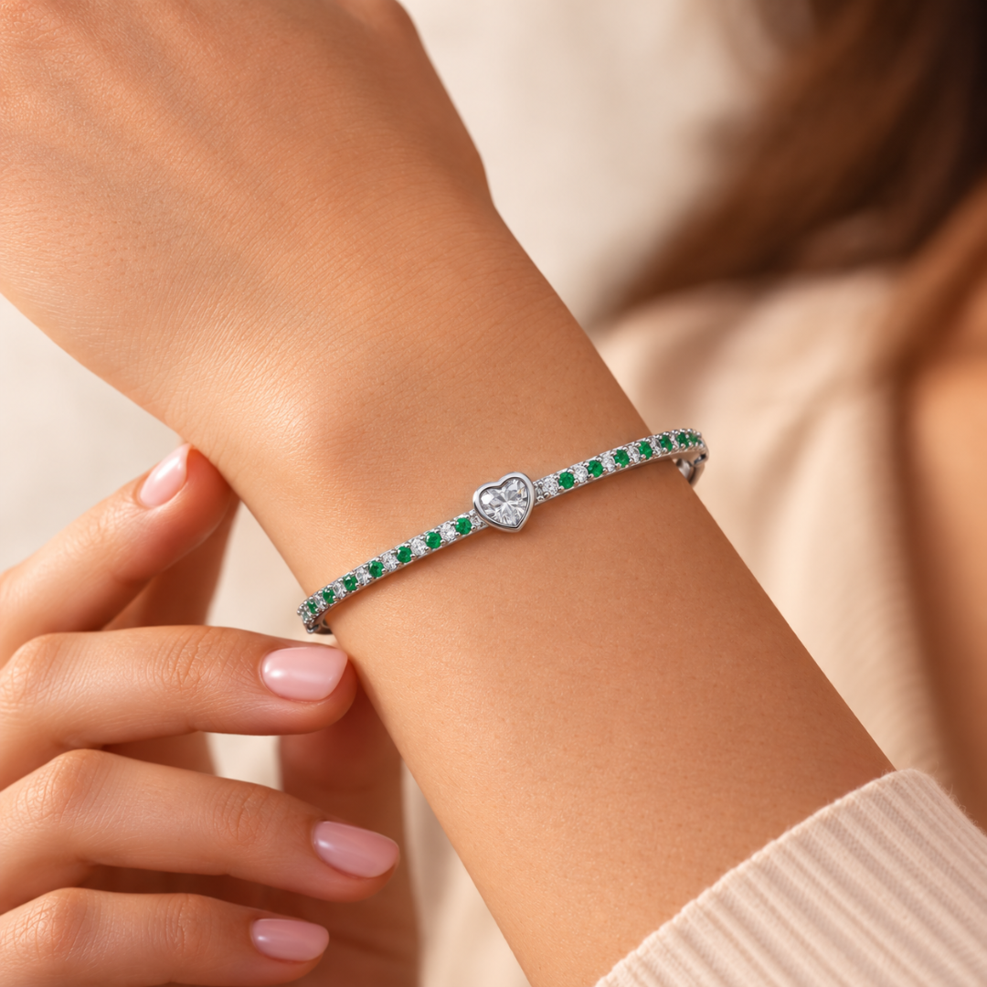 Blisse Allure 925 Sterling Silver Heart Bangle | Green Crystal Pave Design