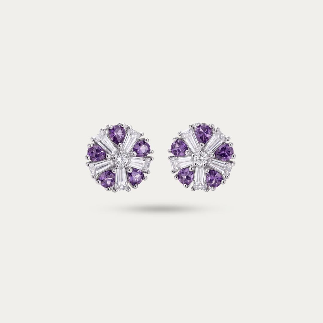 Blisseallure 925 Sterling Silver Purple & Clear CZ Floral Starburst Stud Earrings