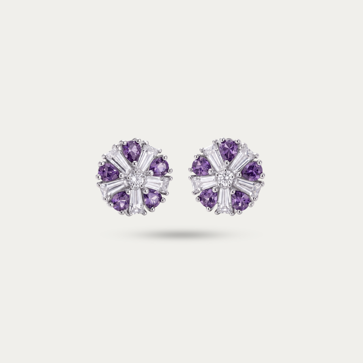 Blisseallure 925 Sterling Silver Purple & Clear CZ Floral Starburst Stud Earrings