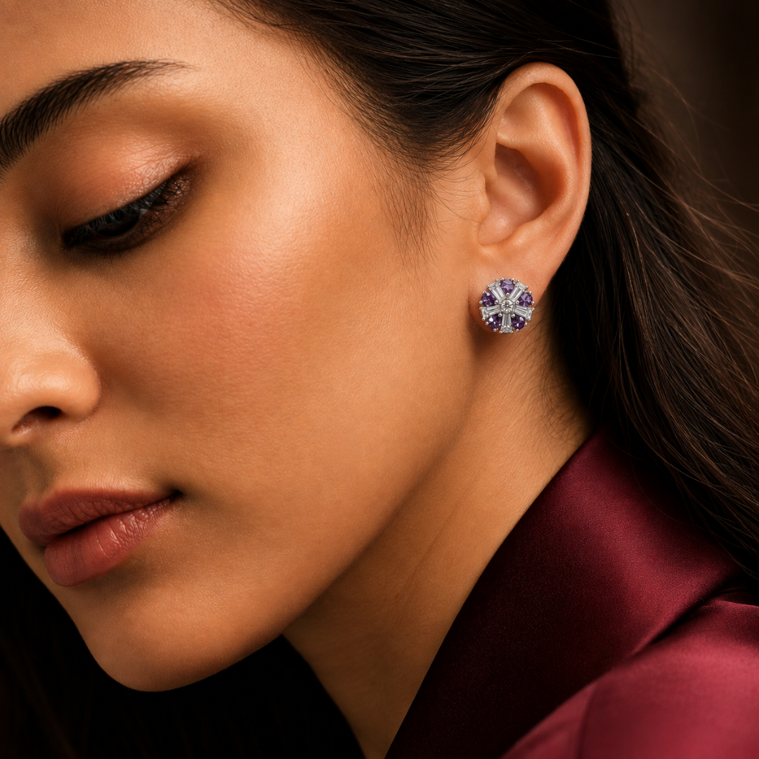 Blisseallure 925 Sterling Silver Purple & Clear CZ Floral Starburst Stud Earrings