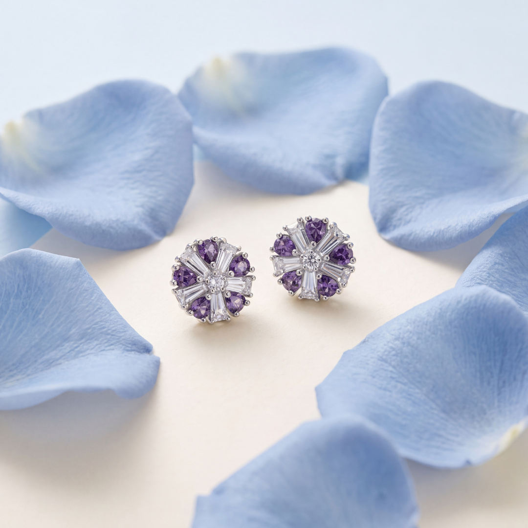 Blisseallure 925 Sterling Silver Purple & Clear CZ Floral Starburst Stud Earrings