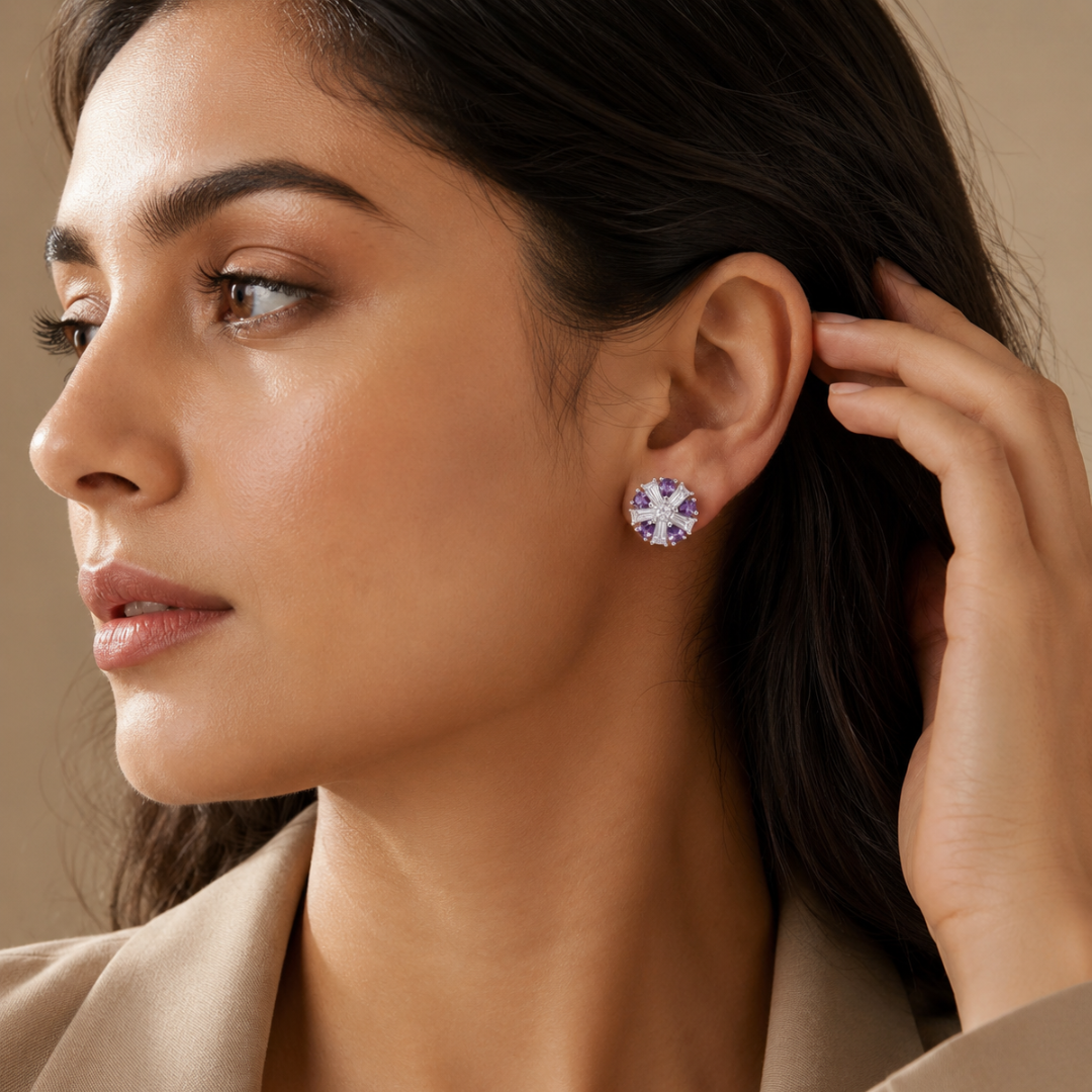 Blisseallure 925 Sterling Silver Purple & Clear CZ Floral Starburst Stud Earrings