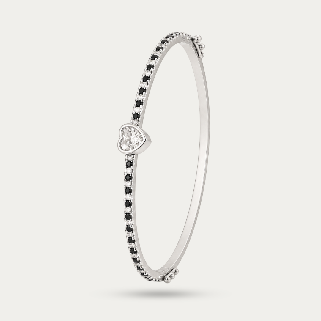 Blisse allure 925 Sterling Silver Heart Solitaire Bangle | Black & White CZ Pavé Kada Bracelet for Women