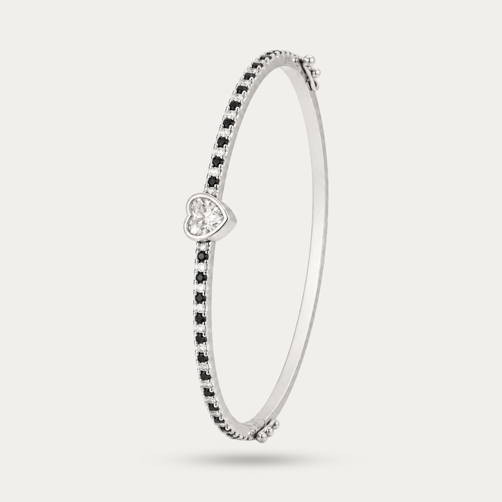 Blisse allure 925 Sterling Silver Heart Solitaire Bangle | Black & White CZ Pavé Kada Bracelet for Women