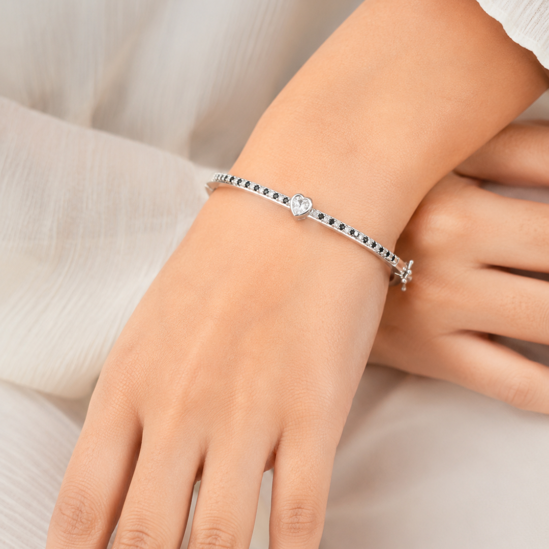 Blisse allure 925 Sterling Silver Heart Solitaire Bangle | Black & White CZ Pavé Kada Bracelet for Women