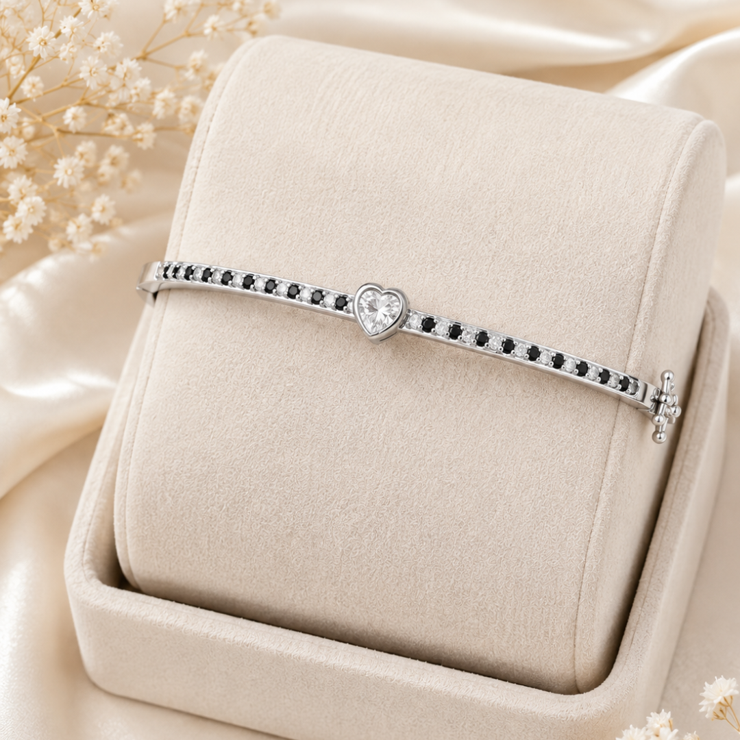 Blisse allure 925 Sterling Silver Heart Solitaire Bangle | Black & White CZ Pavé Kada Bracelet for Women