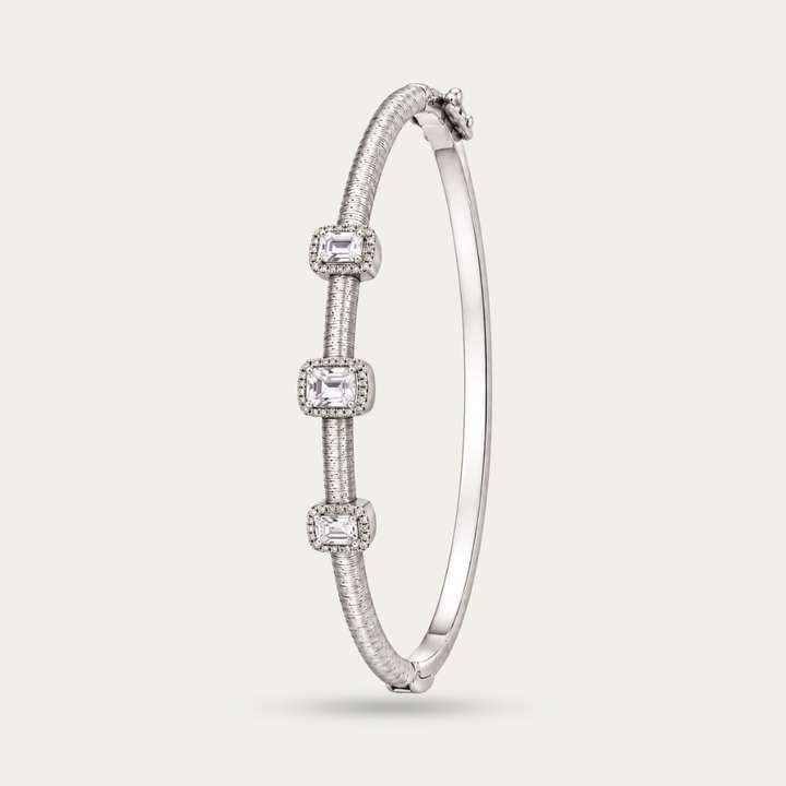 Blisse allure 925 Sterling silver Emerald-Cut Zirconia Textured Silver Cuff Bangle