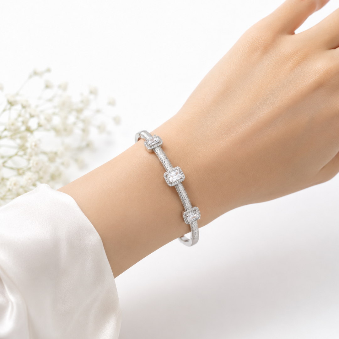Blisse allure 925 Sterling silver Emerald-Cut Zirconia Textured Silver Cuff Bangle