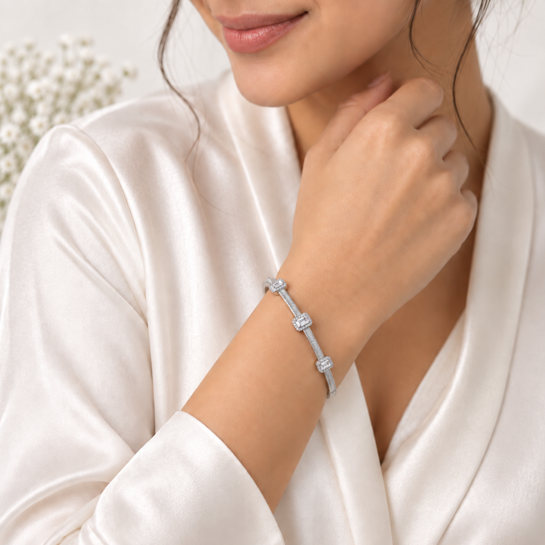 Blisse allure 925 Sterling silver Emerald-Cut Zirconia Textured Silver Cuff Bangle