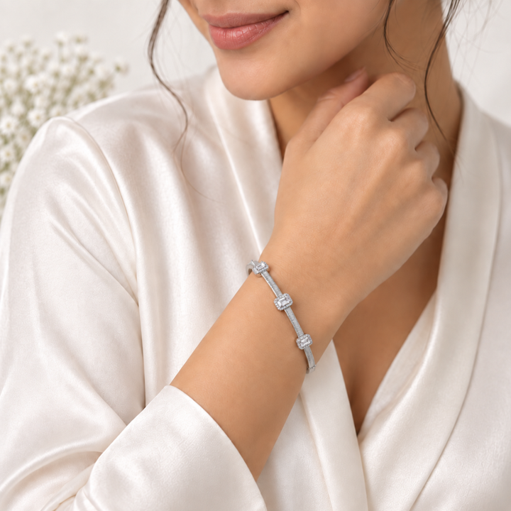 Blisse allure 925 Sterling silver Emerald-Cut Zirconia Textured Silver Cuff Bangle