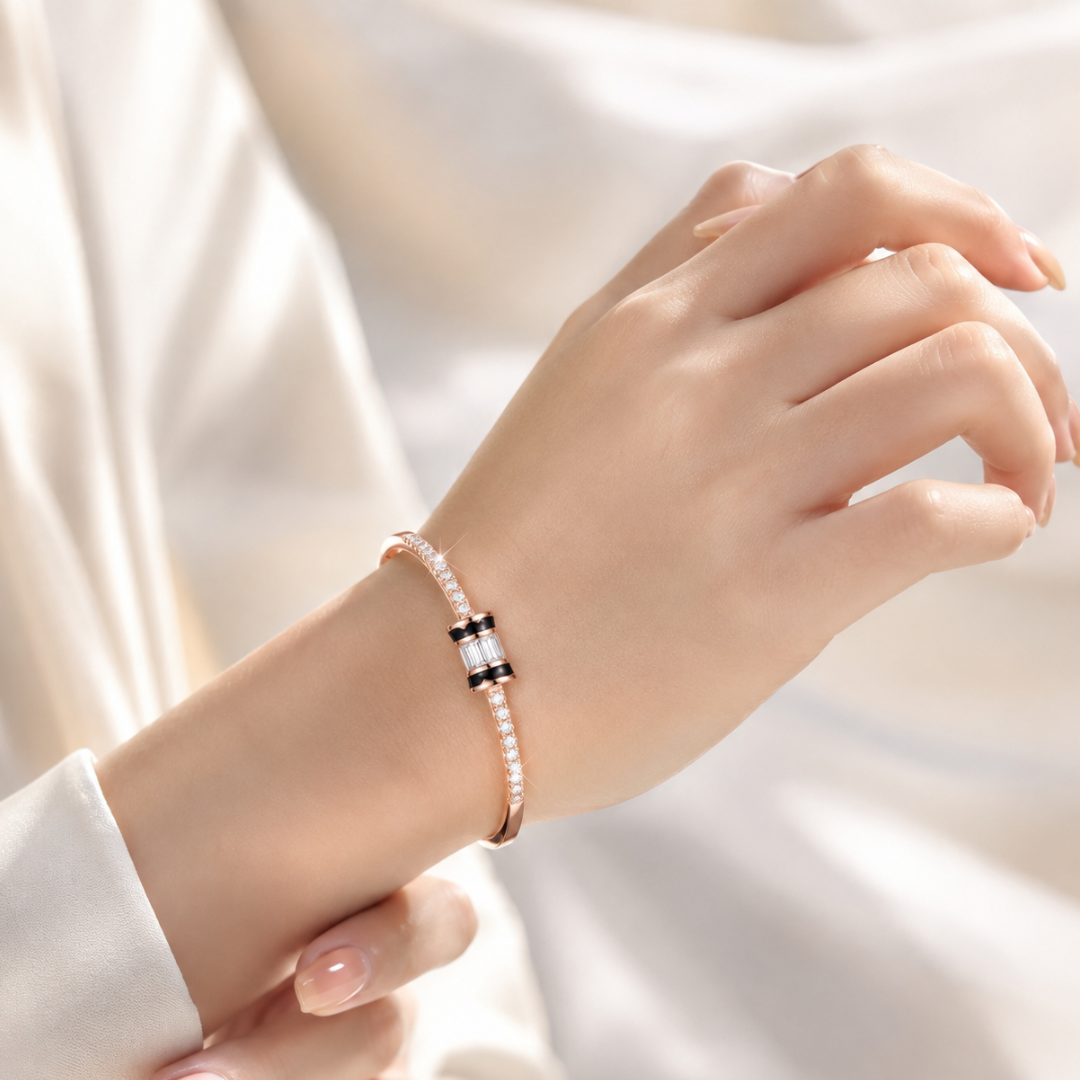Blisseallure 925 Sterling Rose Gold Plated Sterling Silver Baguette CZ Station Bangle Bracelet