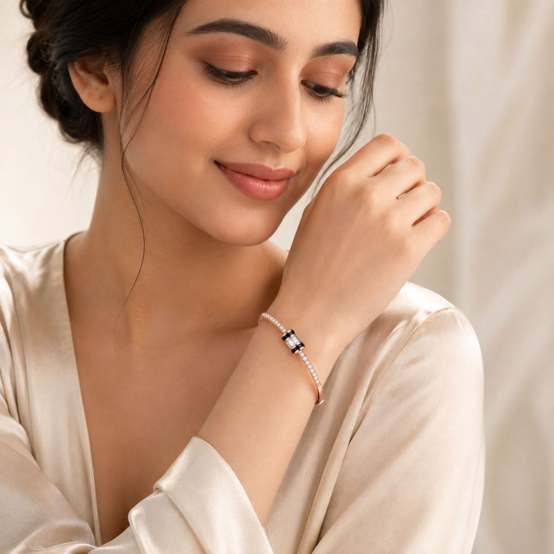 Blisseallure 925 Sterling Rose Gold Plated Sterling Silver Baguette CZ Station Bangle Bracelet