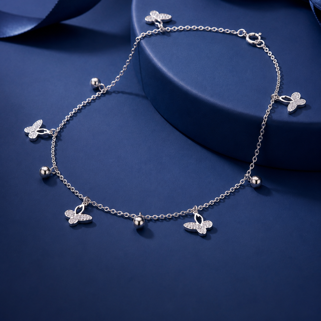 Blisse allure 925 Sterling Silver Sparkly Butterfly & Bead Anklet