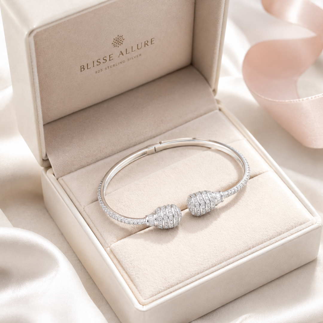 Blisseallure 925 Sterling Silver CZ Bypass Barrel Cuff Bangle Bracelet