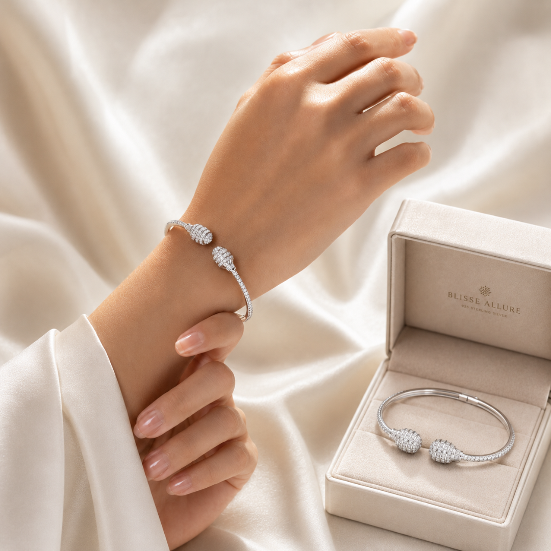 Blisseallure 925 Sterling Silver CZ Bypass Barrel Cuff Bangle Bracelet