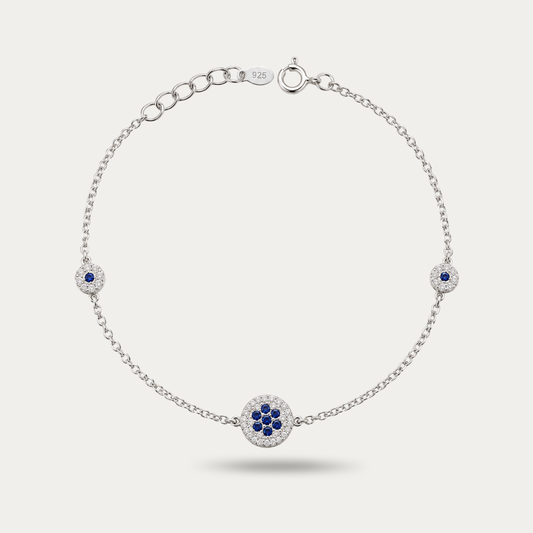 Blisse allure 925 Sterling Silver Blue Sapphire & Clear CZ Flower Cluster Station Anklet