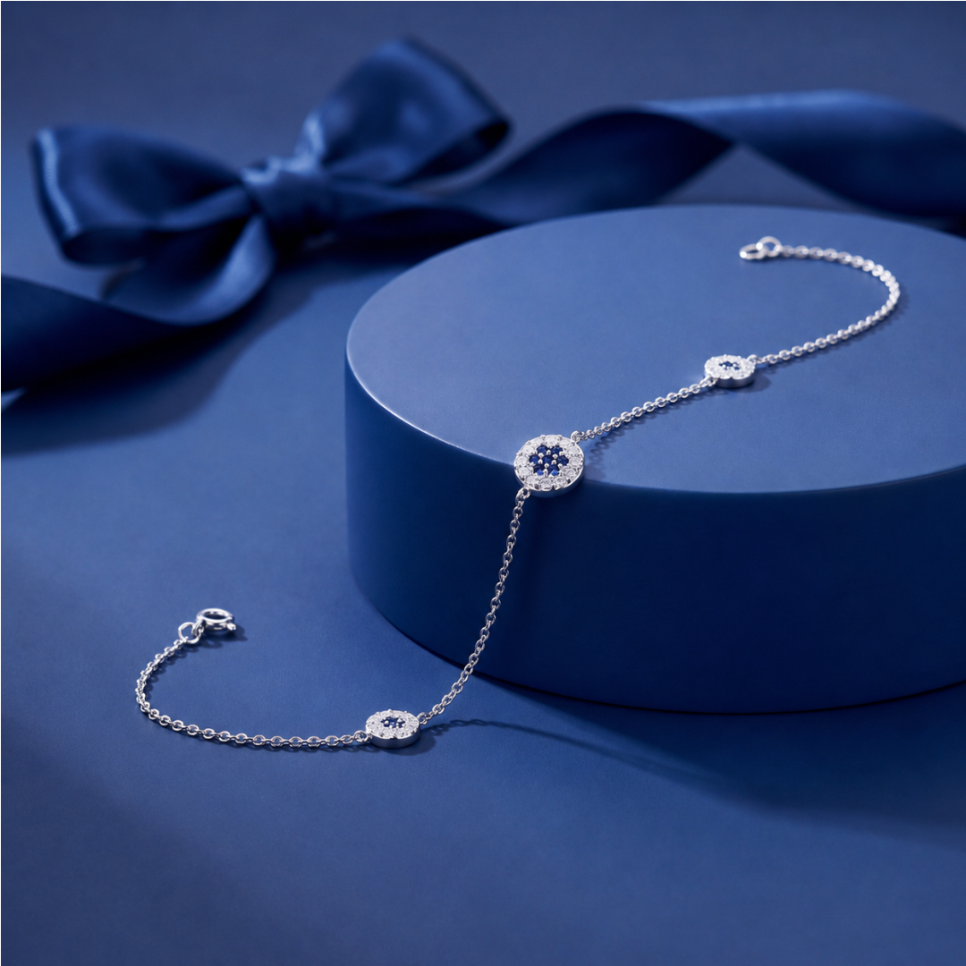 Blisse allure 925 Sterling Silver Blue Sapphire & Clear CZ Flower Cluster Station Anklet