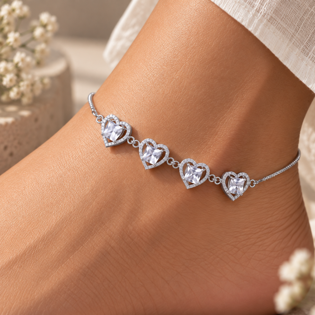 Blisse allure 925 Sterling Silver Heart Halo Emerald-Cut CZ Anklet