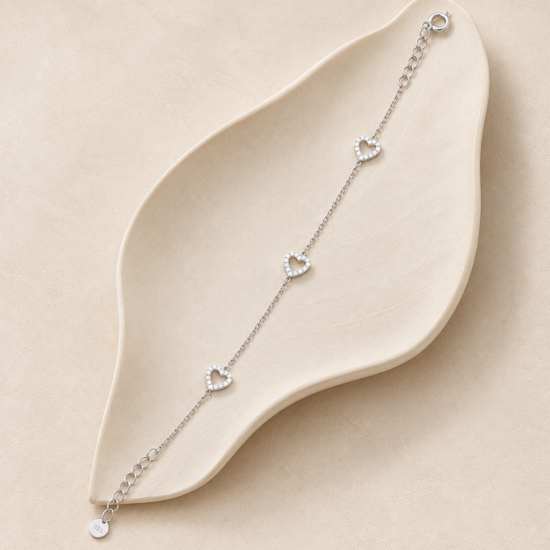 Blisse Allure 925 Silver Sparkling Heart Station Anklet Set