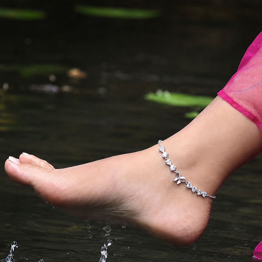 Blisse Allure 925 Sterling Silver Bow Anklet Set | Sparkling Crystal Bow Design