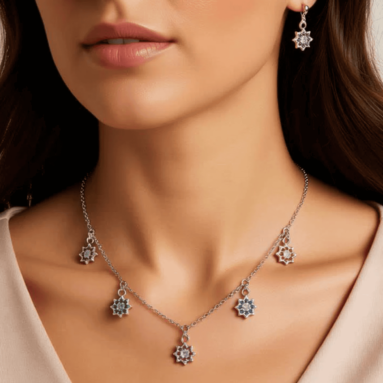 Multi Stone Studded Star Charms Necklace Set