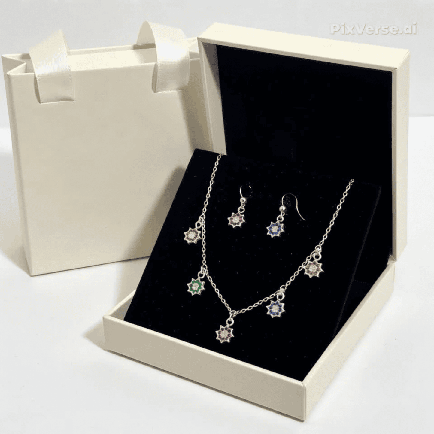 Multi Stone Studded Star Charms Necklace Set