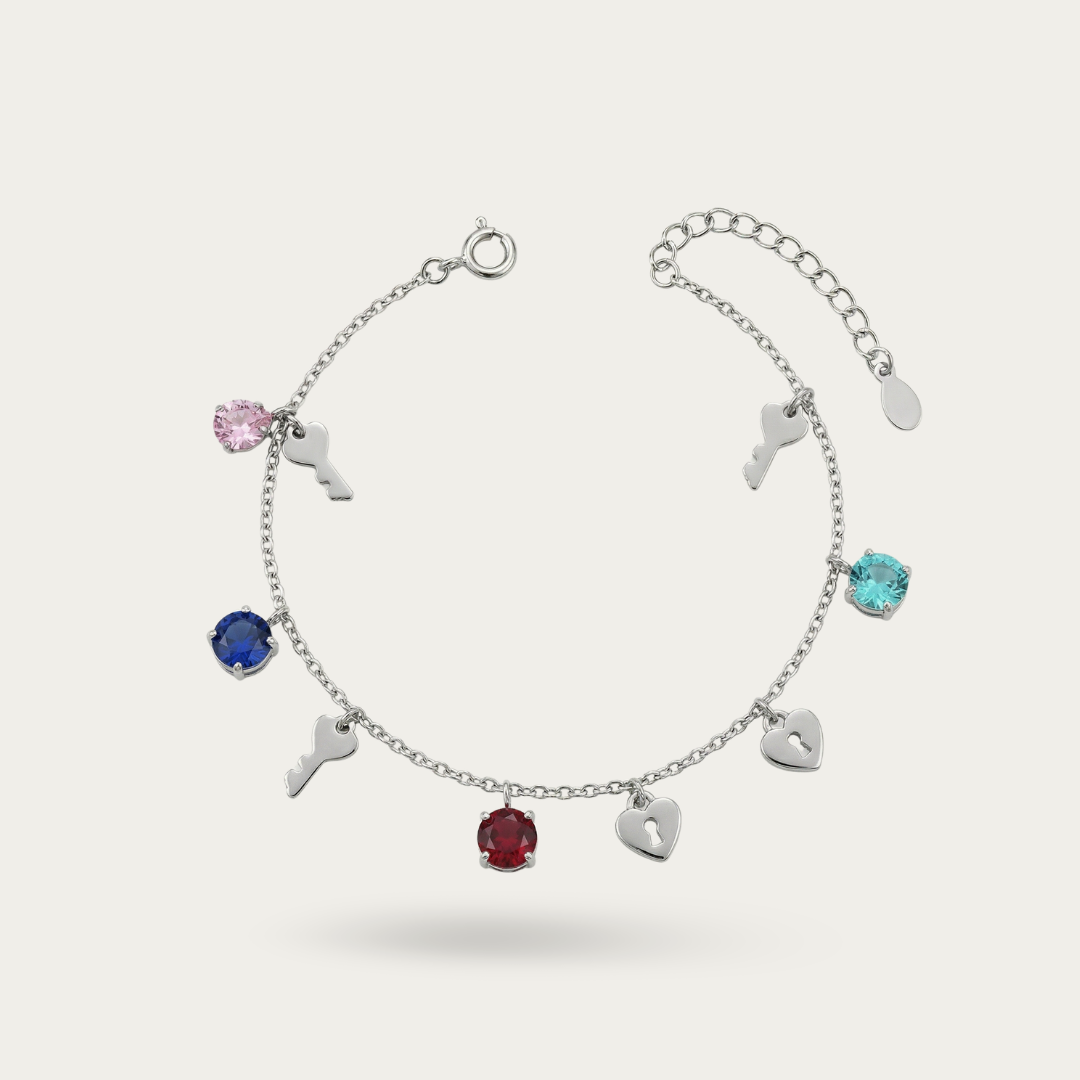 Blisse Allure Sterling Silver Multicoloured Crystals with Key Charms Bracelet