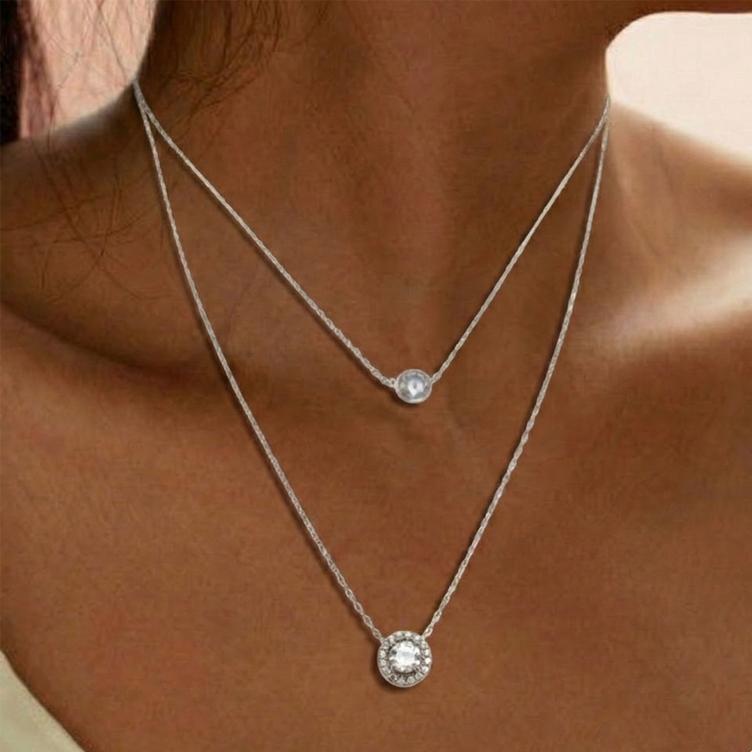 Modern and trendy double layered silver chain with white cz drop pendant