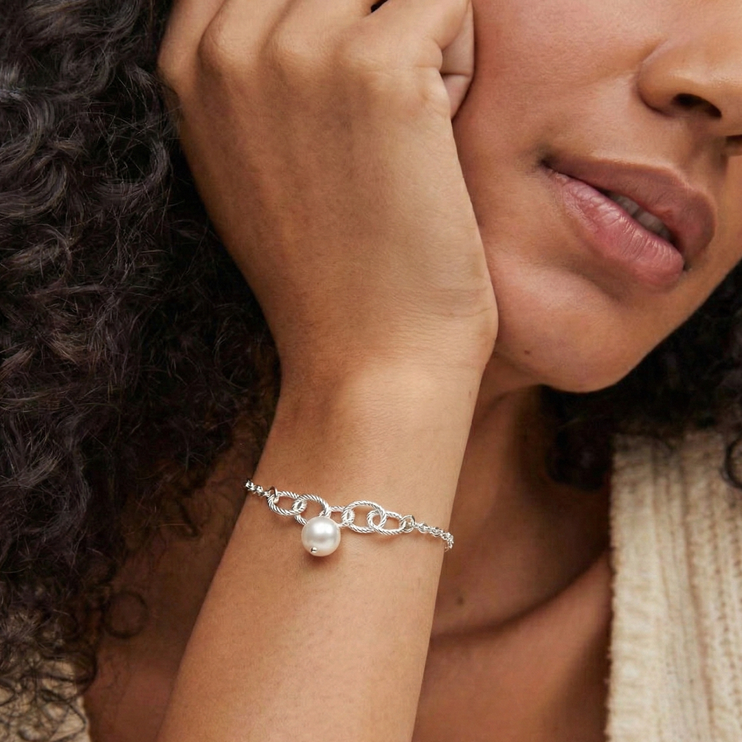 Blisse Allure Sterling Silver Bracelet with Pear shape links and Pearl drop