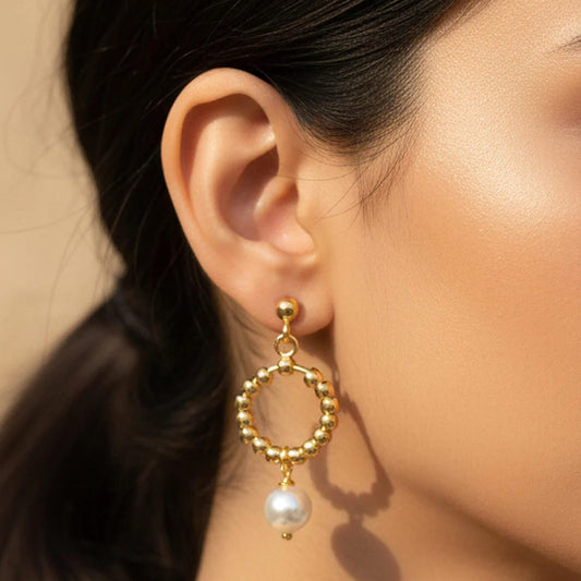 Gold Beaded with Pearl Drop Earrings - Blisseallure.in